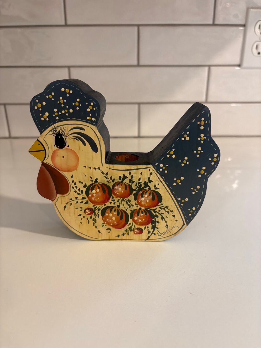Vintage Wooden Chicken Rooster Country Farmhouse Grannycore Candleholder